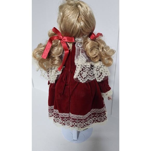 Vintage Tender Hearts Porcelain Doll No. 594 Red Velvet Lace Dress w/ Stand - Picture 4 of 10